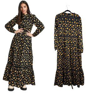 Asos Modest Long Sleeve Floral Tiered Black Yellow  Maxi Dress 12 NEW with Tags